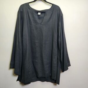 Gillian Grey 100% Linen Tunic Blouse 3X Black Long Sleeves V-Neck Side Slits